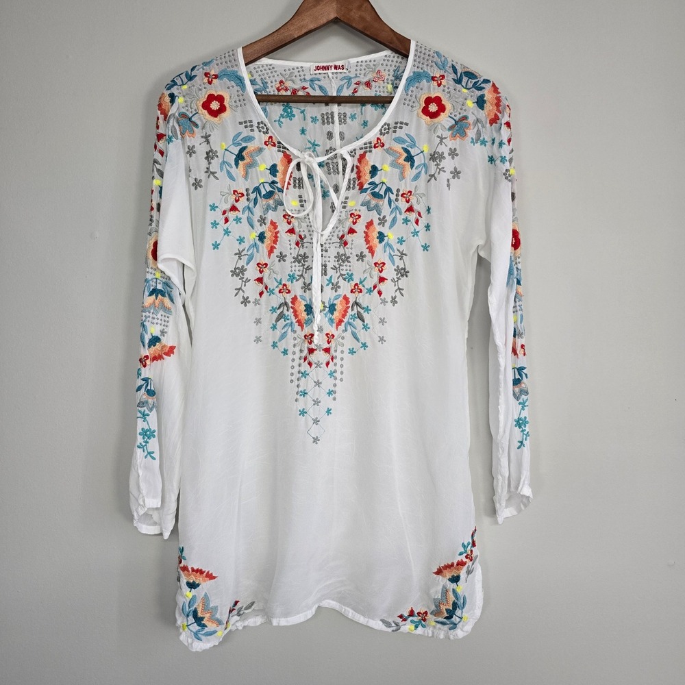Johnny Was Floral Embroidered Tunic Womens Small White Tie Neck Boho Peasant